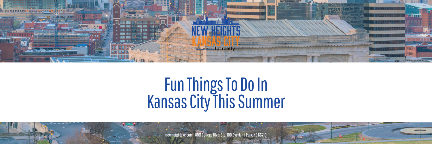 Panoramic view of Kansas City skyline and streets, featuring various architectural styles and a headline promoting summer activities.