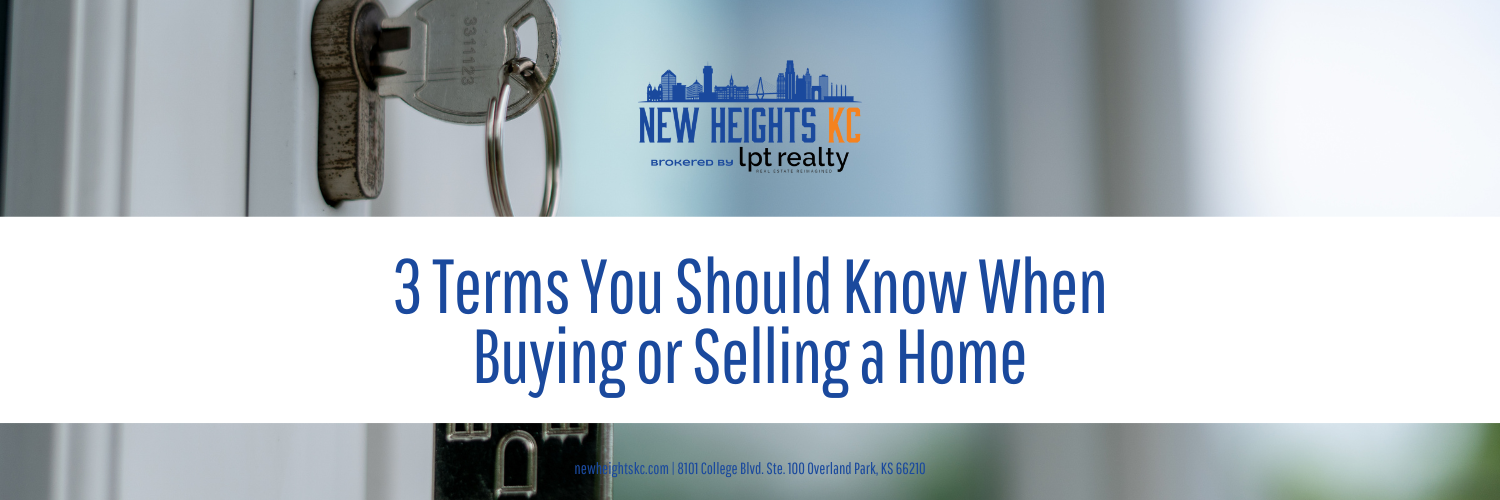 A key in a lock with text "3 Terms You Should Know When Buying or Selling a Home" and the New Heights KC logo.