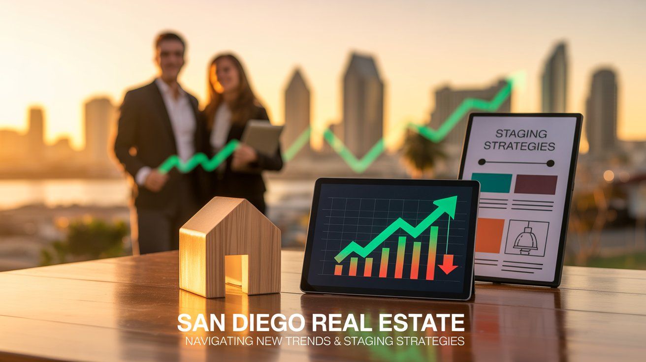 Hero image illustrating San Diego County real estate market trends for the week ending October 12, 2025. Features a house model, a tablet displaying financial charts, and "Staging Strategies" visuals with the San Diego skyline in the background, representing new market insights for buyers, sellers, and investors.