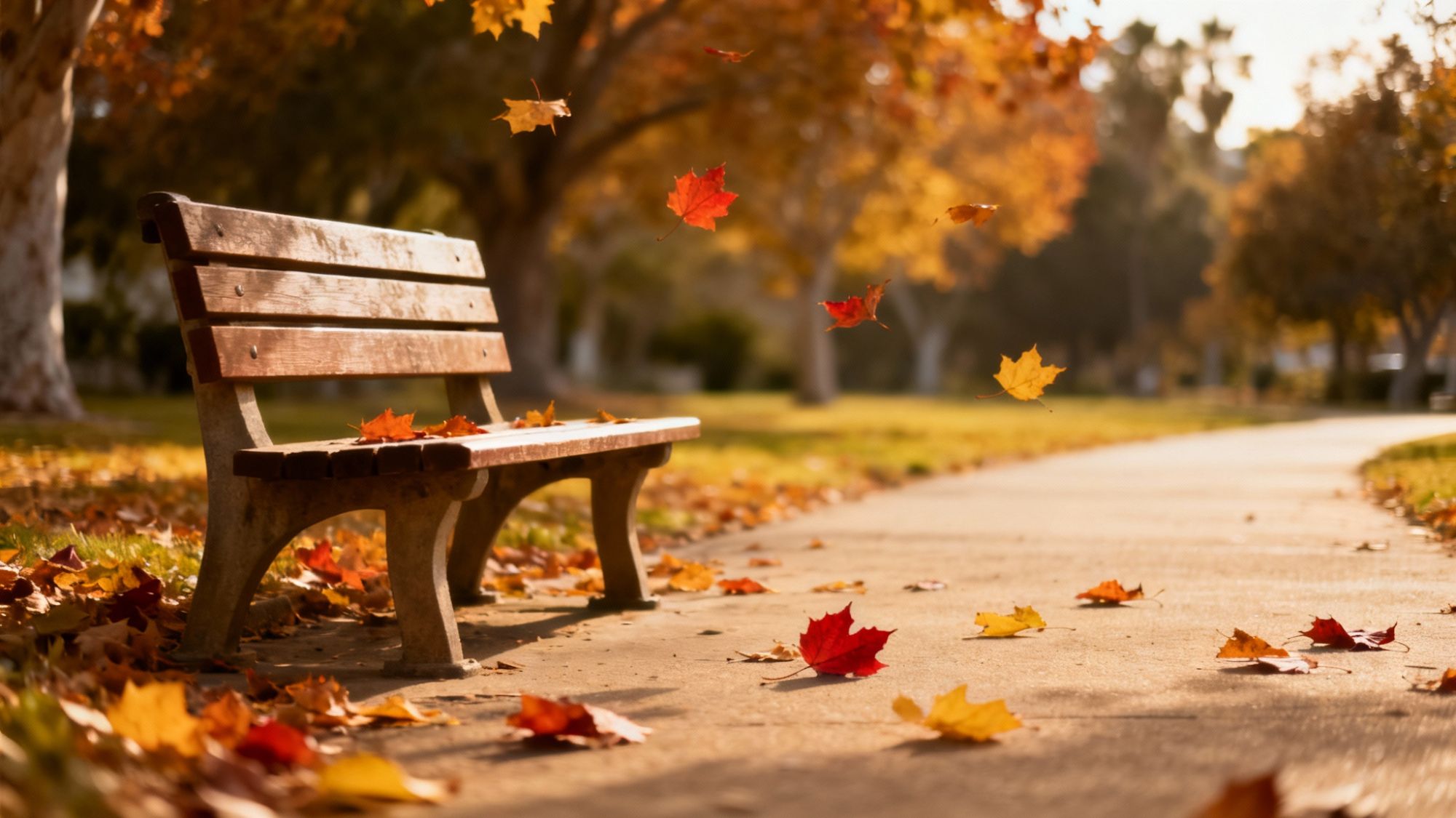 An empty park bench on a quiet trail with fall leaves, representing the 'autumn pause' in the San Diego housing market for the week of October 26, 2025.