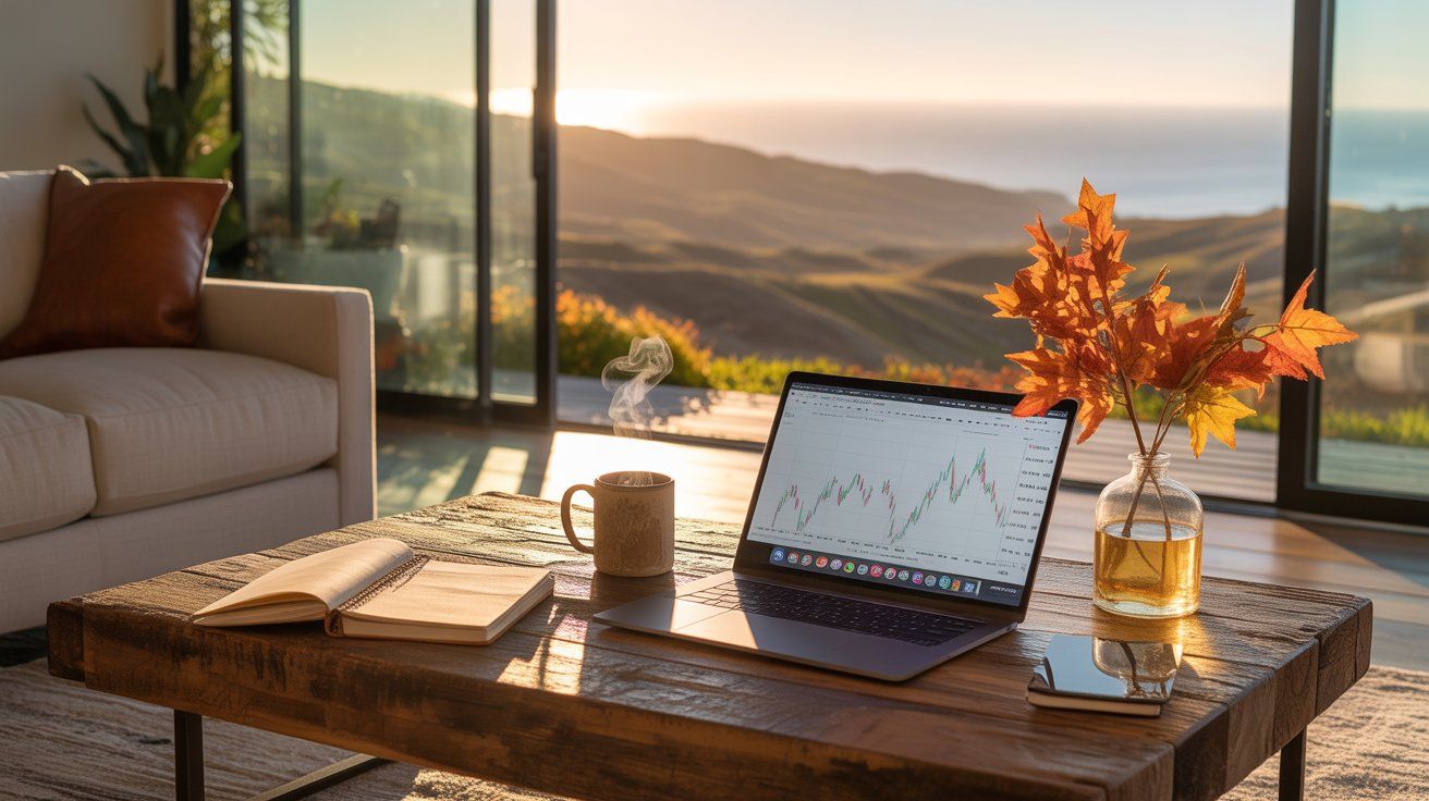 Cozy San Diego living room interior at golden hour with a laptop displaying housing charts, representing the holiday real estate market analysis.