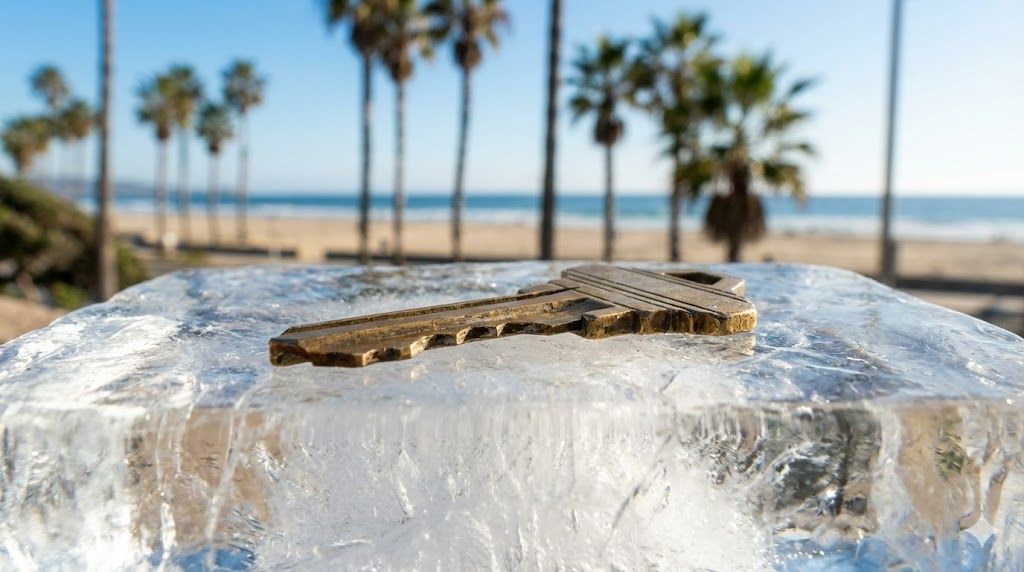 House key on a melting ice block with a sunny San Diego beach background, illustrating the holiday freeze in the real estate market.