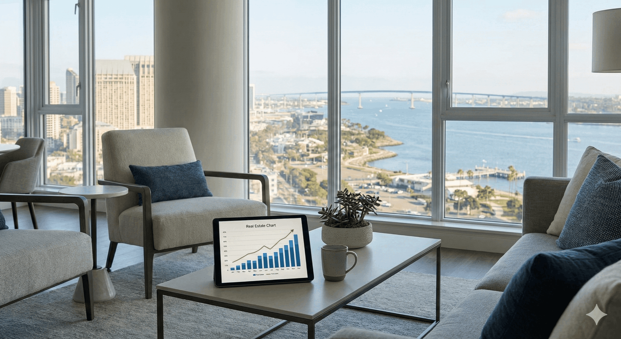 Interior view of a downtown San Diego high-rise condo living room overlooking San Diego Bay, with a tablet displaying a real estate market trend chart on the coffee table, illustrating data-driven housing insights for buyers and sellers.