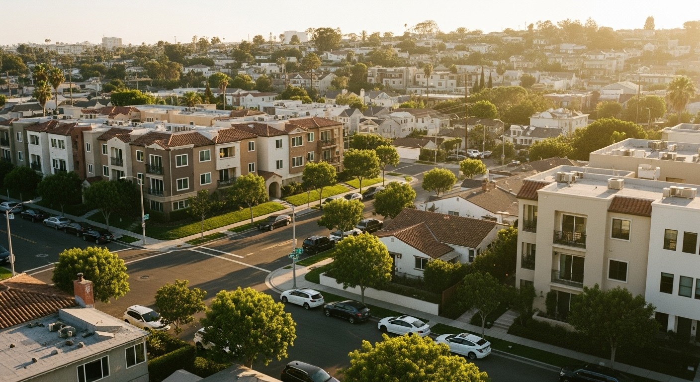 View of a dense San Diego neighborhood with modern condos and single-family homes, illustrating the swell in housing inventory in the June 2025 real estate market.
