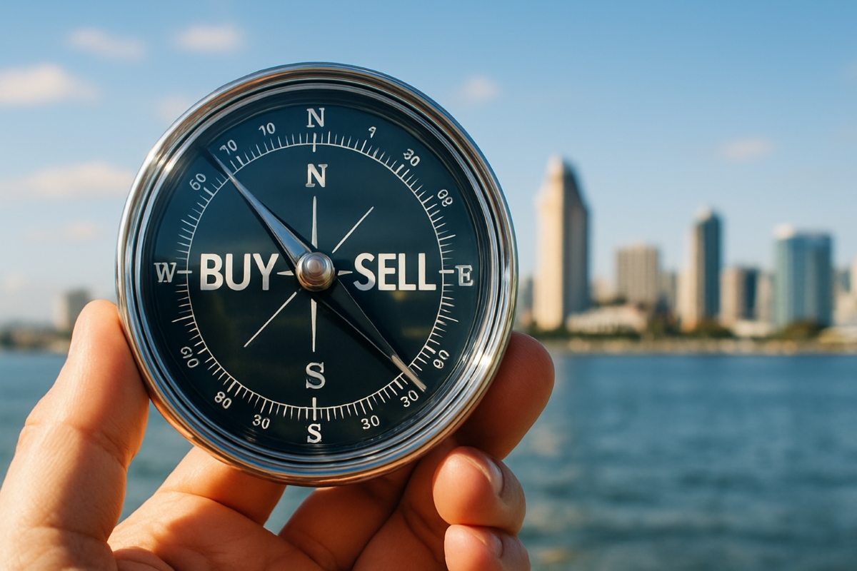 A symbolic compass held over the San Diego skyline, illustrating the choices buyers and sellers face in the current real estate market with rising inventory.