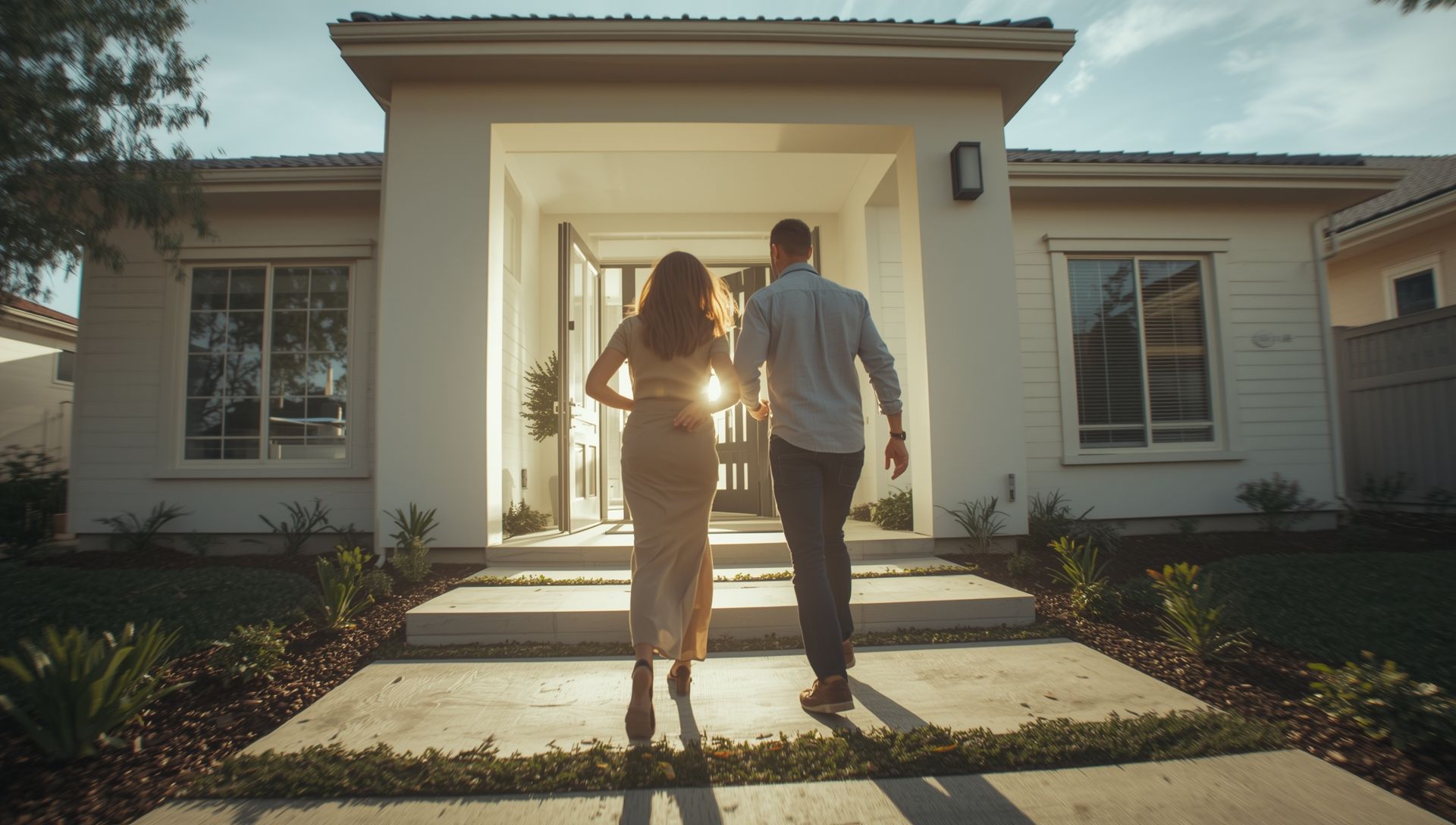 A couple eagerly walks towards the open front door of a modern San Diego home, representing the rebound in home buyer activity.