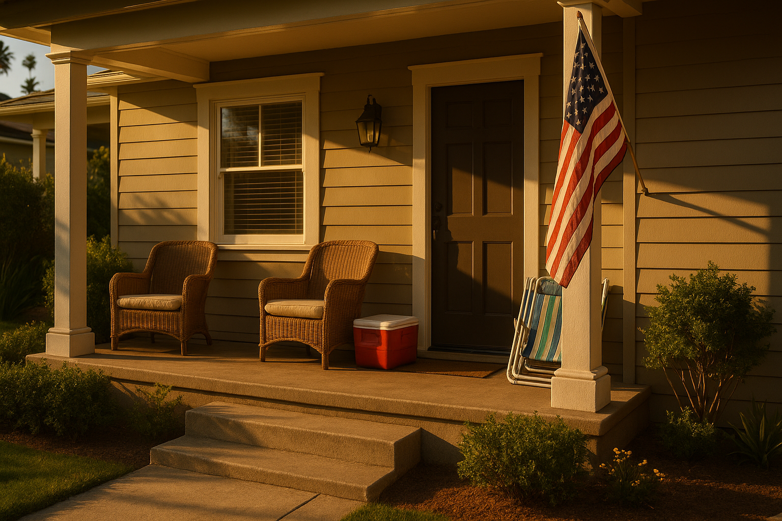 The quiet front porch of a San Diego home in the late afternoon over Labor Day weekend, with folded beach chairs and long shadows, representing a seasonal pause in market activity.