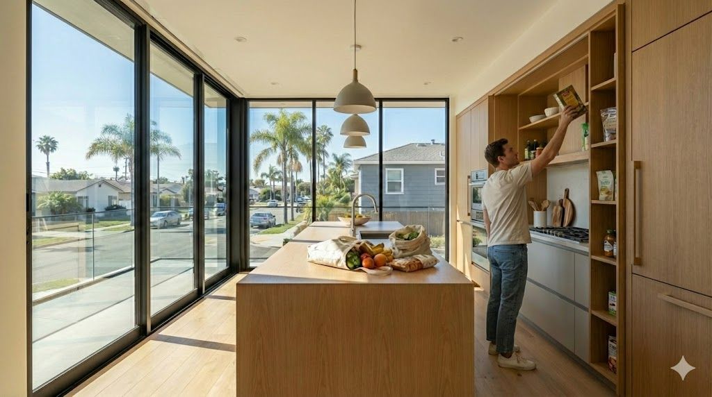 A photorealistic image of a man in a modern, bright San Diego kitchen restocking a wooden shelf with gourmet groceries, symbolizing the seasonal replenishment of housing inventory.
