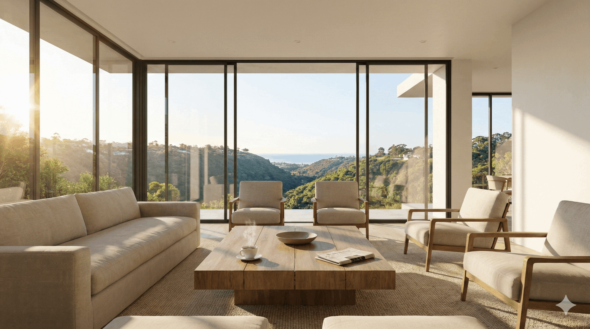 Modern San Diego living room with canyon view and morning sunlight