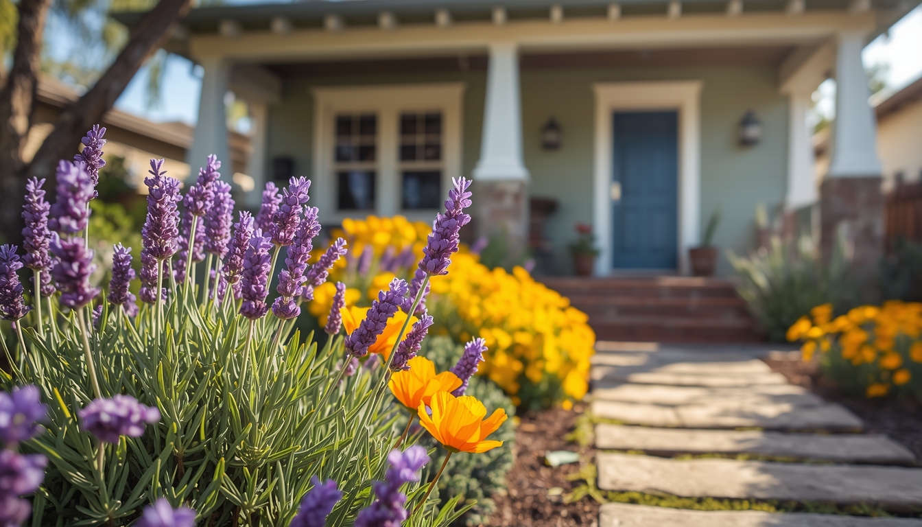 Craftsman-style home garden in San Diego with vibrant spring flowers, symbolizing the heating up of the local real estate market.