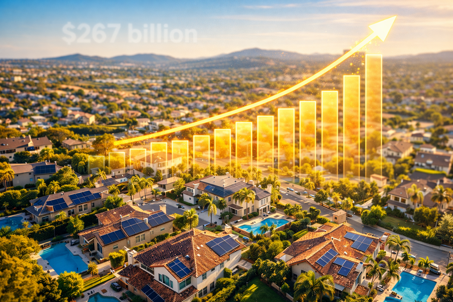 Infographic-style hero image showing rooftops and a rising economic trend line representing San Diego’s $267 billion GDP.