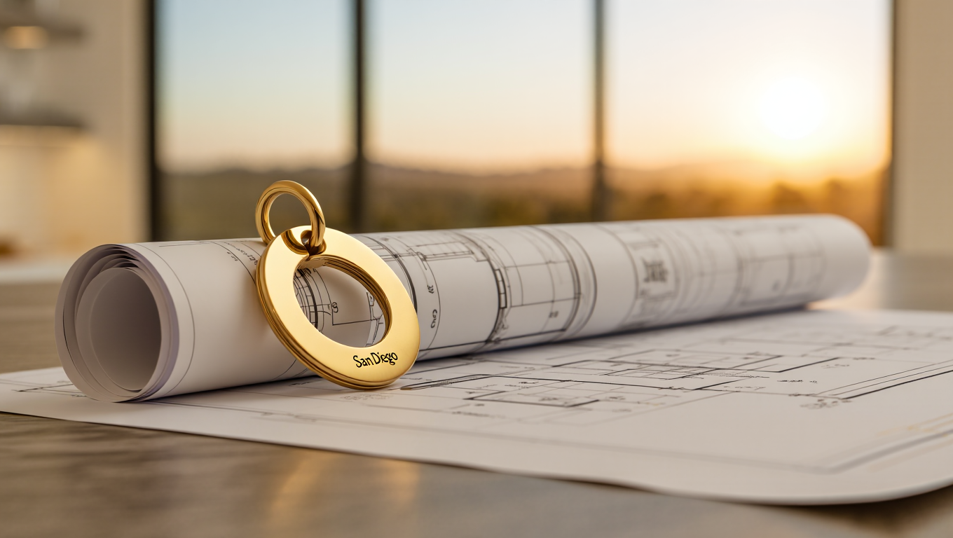 Minimalist photo of a San Diego keychain on home blueprints, representing a homeowner's move-in strategy.