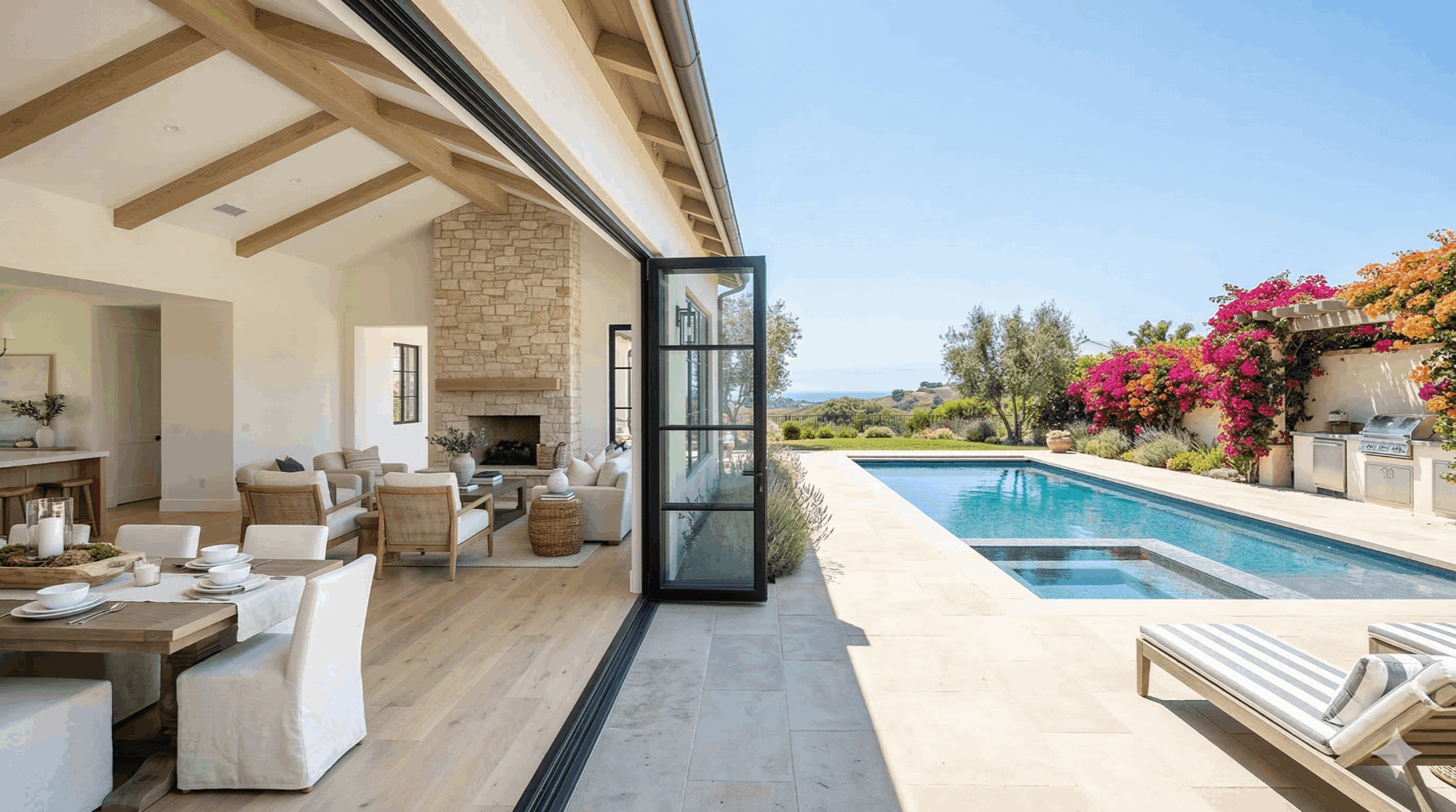 Luxury San Diego farmhouse with open black-framed bi-fold doors leading to a sun-drenched patio and pool area.