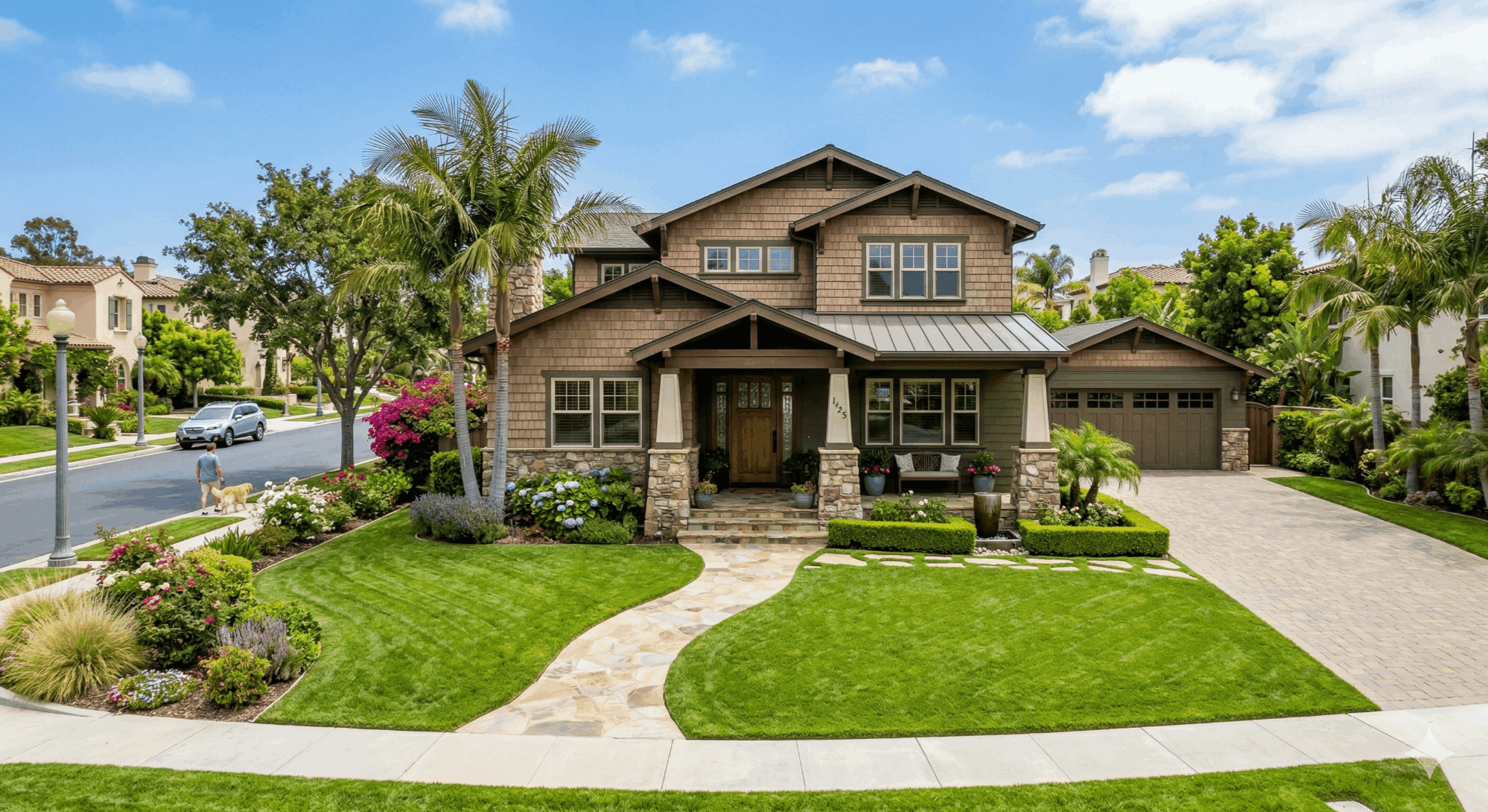 Exterior view of a professional craftsman style residential home in a San Diego County neighborhood during the spring season
