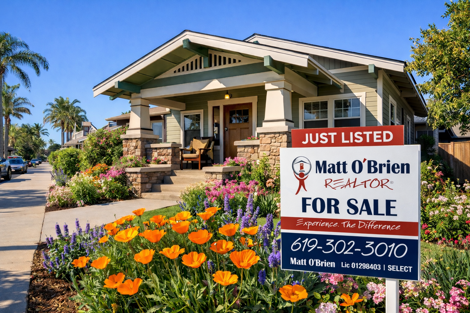 Craftsman home in San Diego with a Just Listed sign and vibrant spring poppies under a clear blue sky.