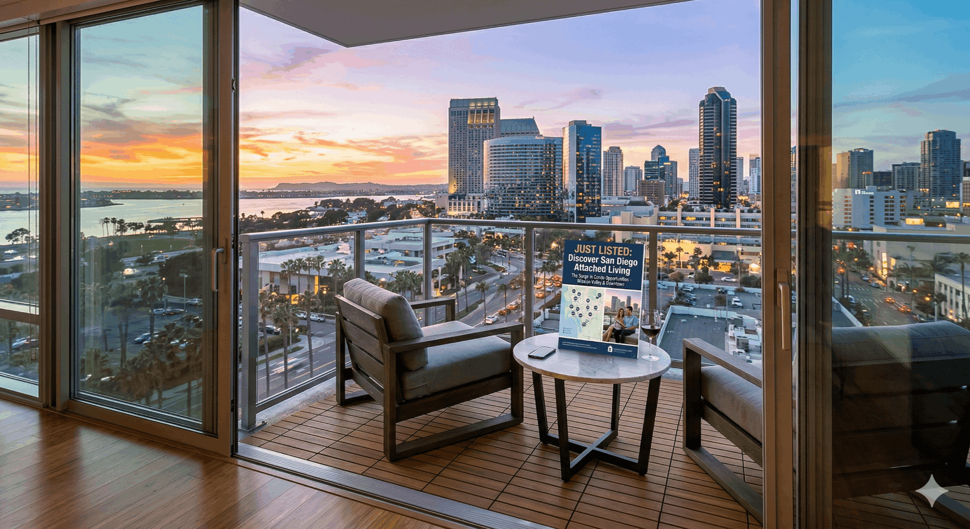 A modern San Diego luxury condo balcony overlooking the city skyline at sunset representing the 22 percent surge in attached housing inventory for late March 2026.