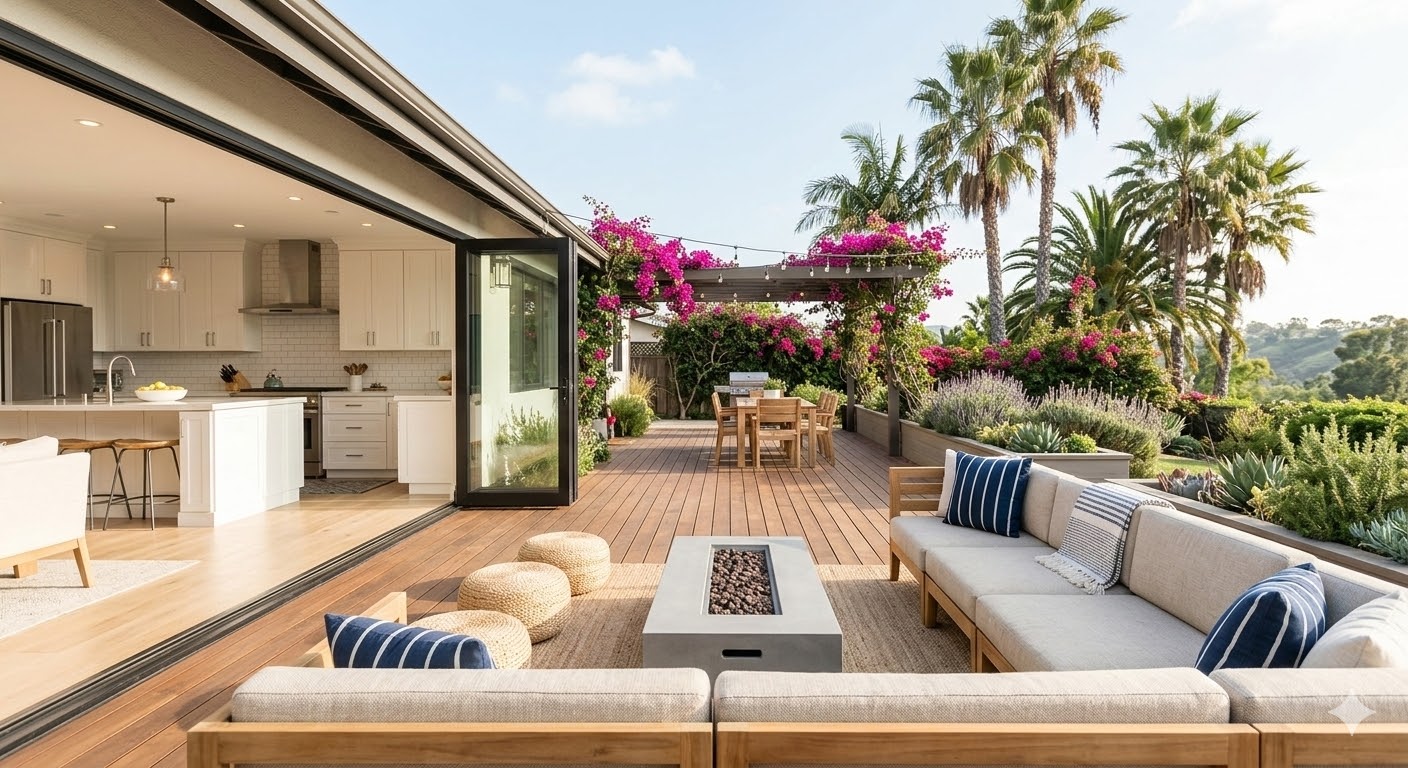 Modern San Diego home with indoor-outdoor spring lifestyle features, sliding glass doors, and lush landscaping.