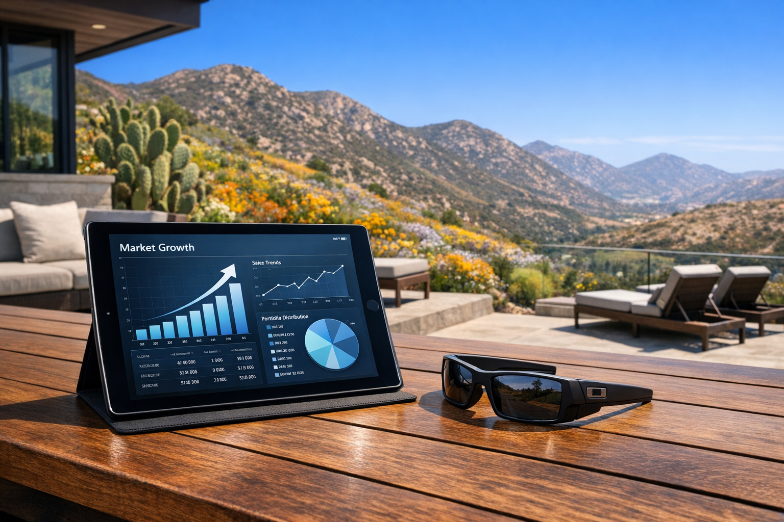Luxury San Diego hillside patio overlooking Mission Trails Regional Park with a real estate data tablet and sunglasses.