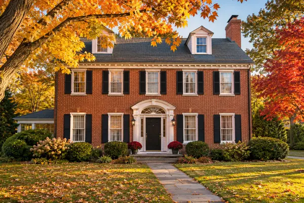 Red brick Federal-style colonial home on a tree-lined street in Longmeadow, Massachusetts in fall