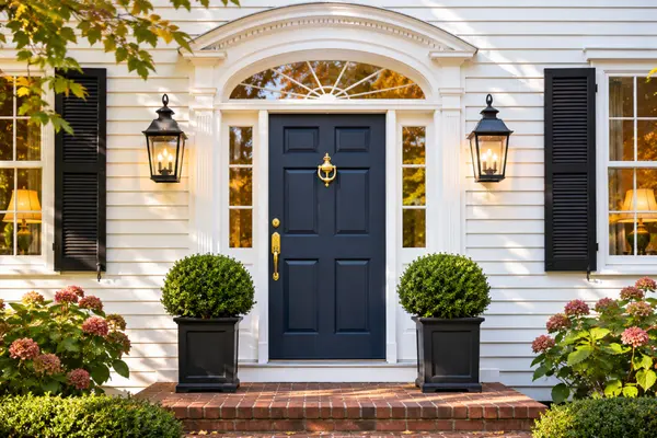 Navy front door with brass knocker and lanterns on a white New England colonial