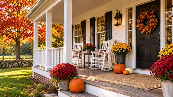 New England farmhouse front porch with rocking chairs and pumpkins in autumn