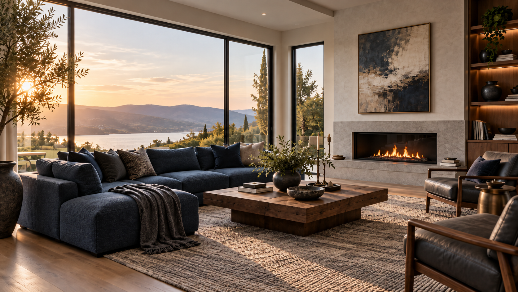 Bright living room at sunset overlooking the water