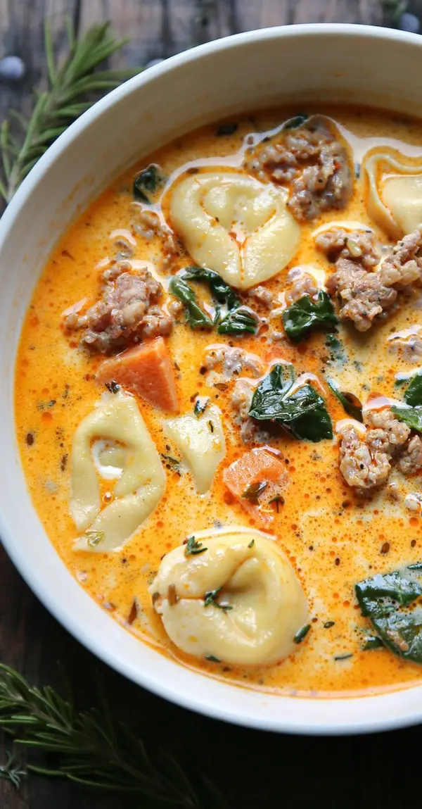 Sausage Tortellini Soup with Spinach & Creamy Tomato Broth