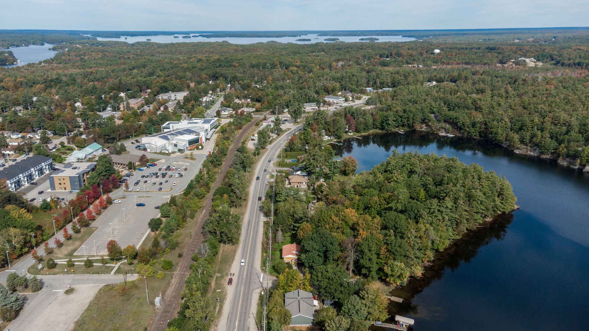 Aerial view of the Gull Lake shoreline along Moody Drive and Bethune Drive