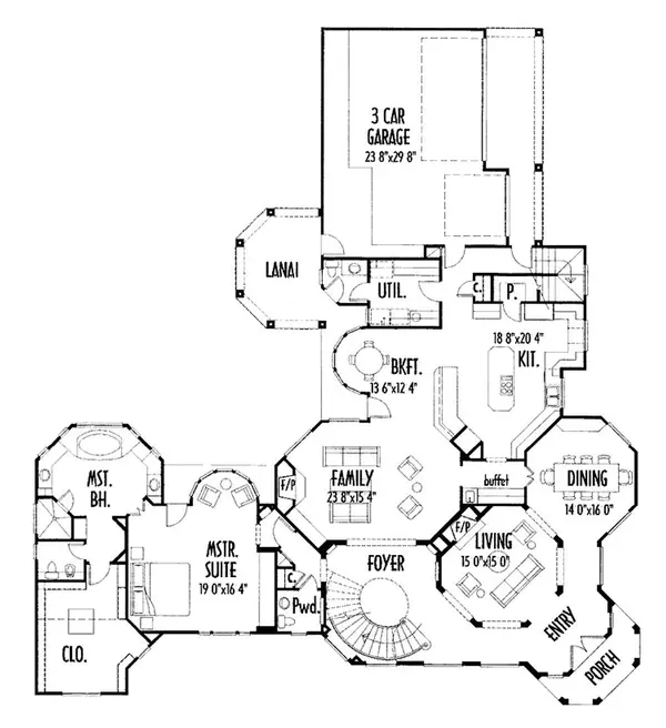 First floor plan - primary suite, family room, kitchen, dining, lanai and 3-car garage