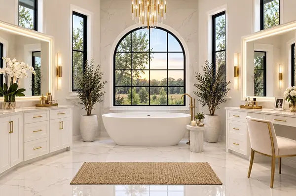 Spa-inspired primary bath with dual vanities and soaking tub