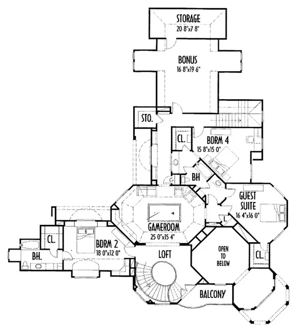 Second floor plan - guest suite, bedrooms 2 and 4, game room, loft, bonus room and balcony
