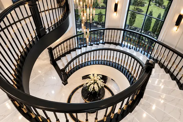 Curved staircase overlooking the two-story foyer