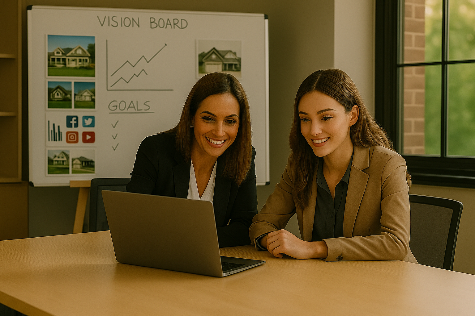 Two professional women reviewing a real estate marketing strategy on a laptop in a modern office, with a vision board displaying property photos, social media icons, and business goals in the background.
