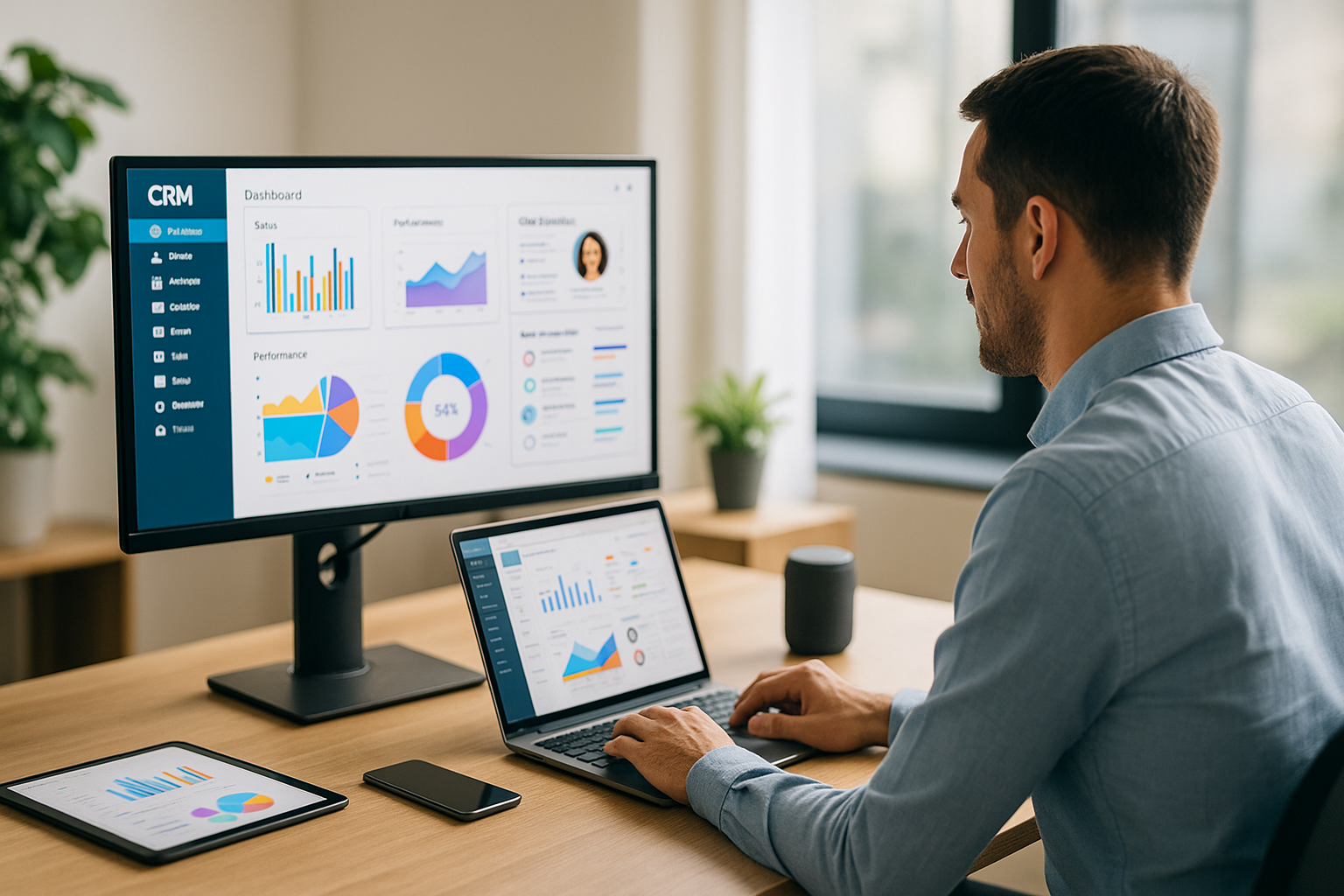 Real estate agent using an AI-powered CRM dashboard on a desktop monitor and laptop, with additional smart devices on the desk in a modern, sunlit office.