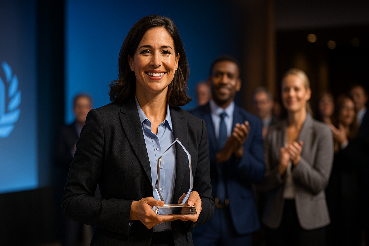 Smiling real estate agent holding a crystal award on stage at a professional recognition event, with applauding colleagues in business attire in the background.
