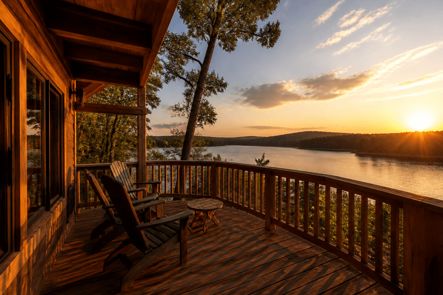 Lakeside cabin deck overlooking Table Rock Lake at golden hour