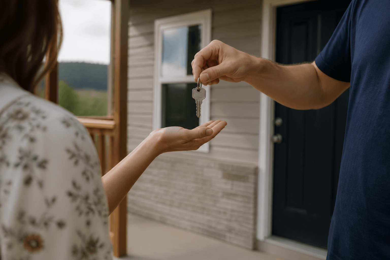 Landlord handing over keys outside a small rental home