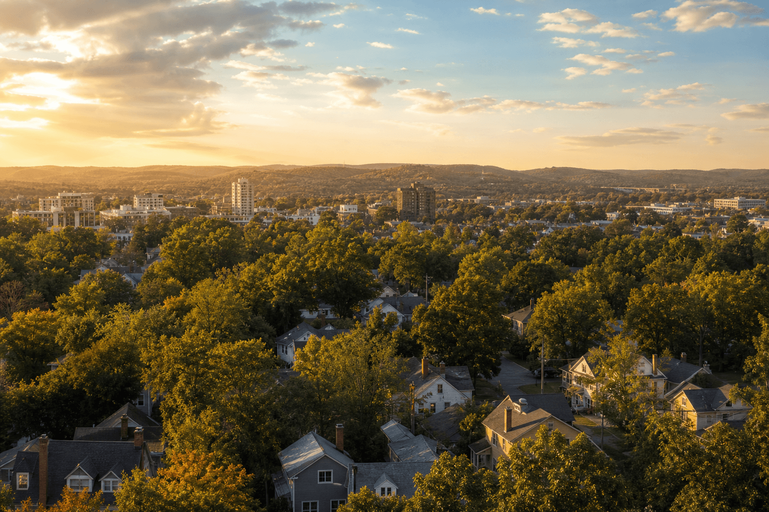 Wide view over Springfield rooftops with the Ozark hills beyond
