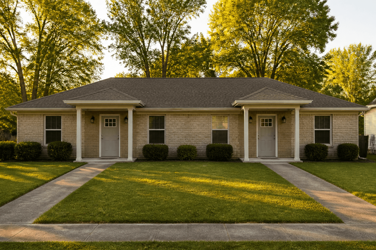 Tidy small duplex exterior in a Missouri neighborhood