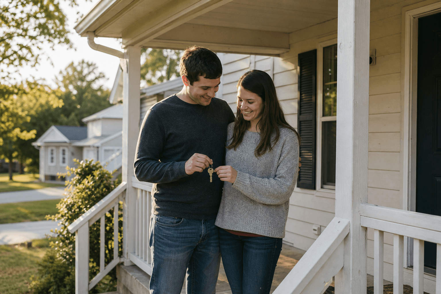 Young couple holding keys on the porch of a starter home