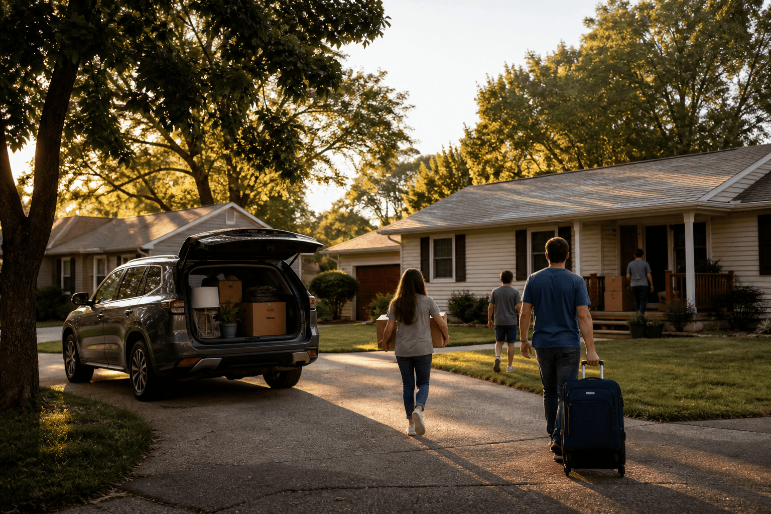 Family unloading a car outside a suburban Missouri home