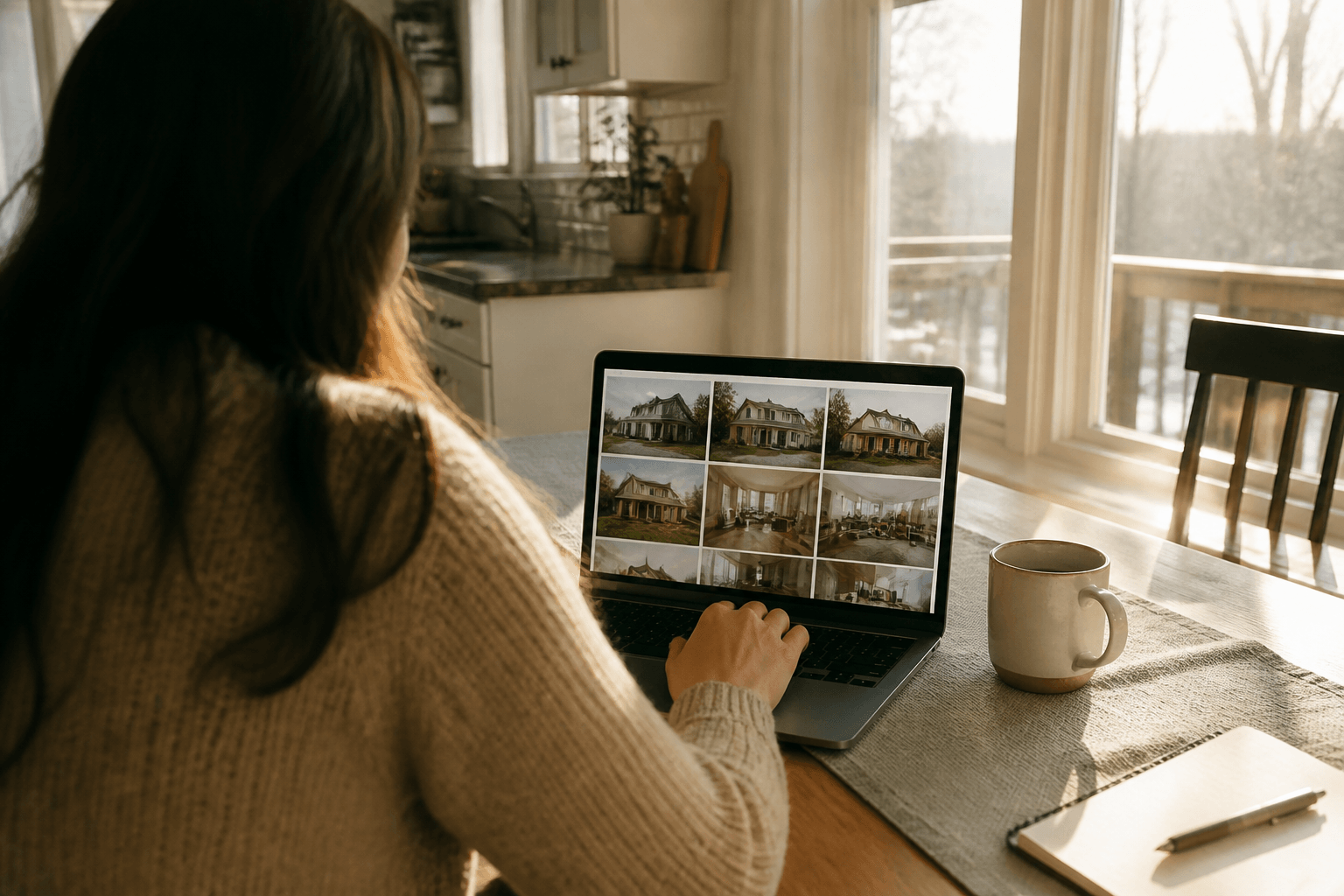 Person browsing real estate listings on a laptop at a kitchen table