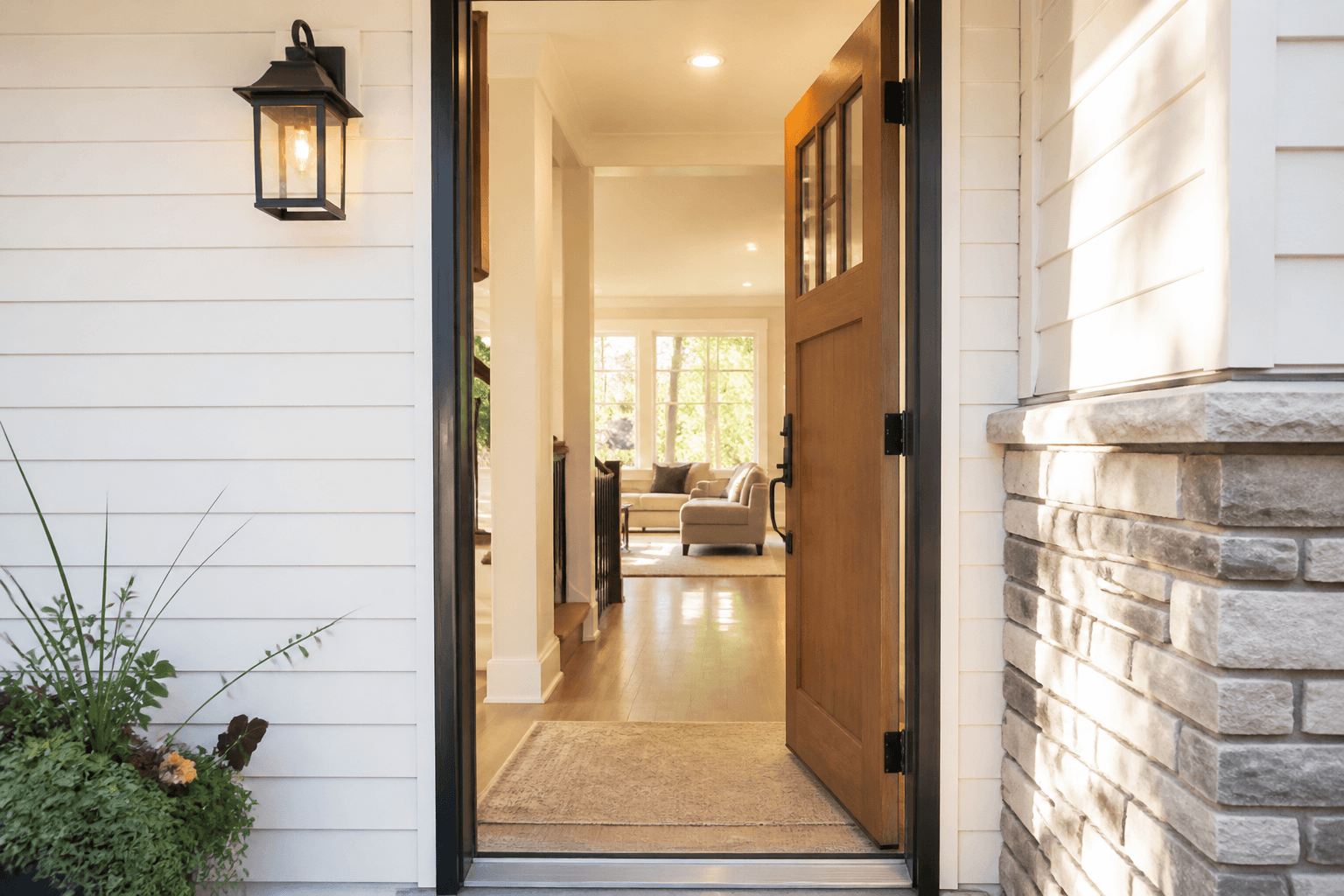 Open front door onto a bright entryway