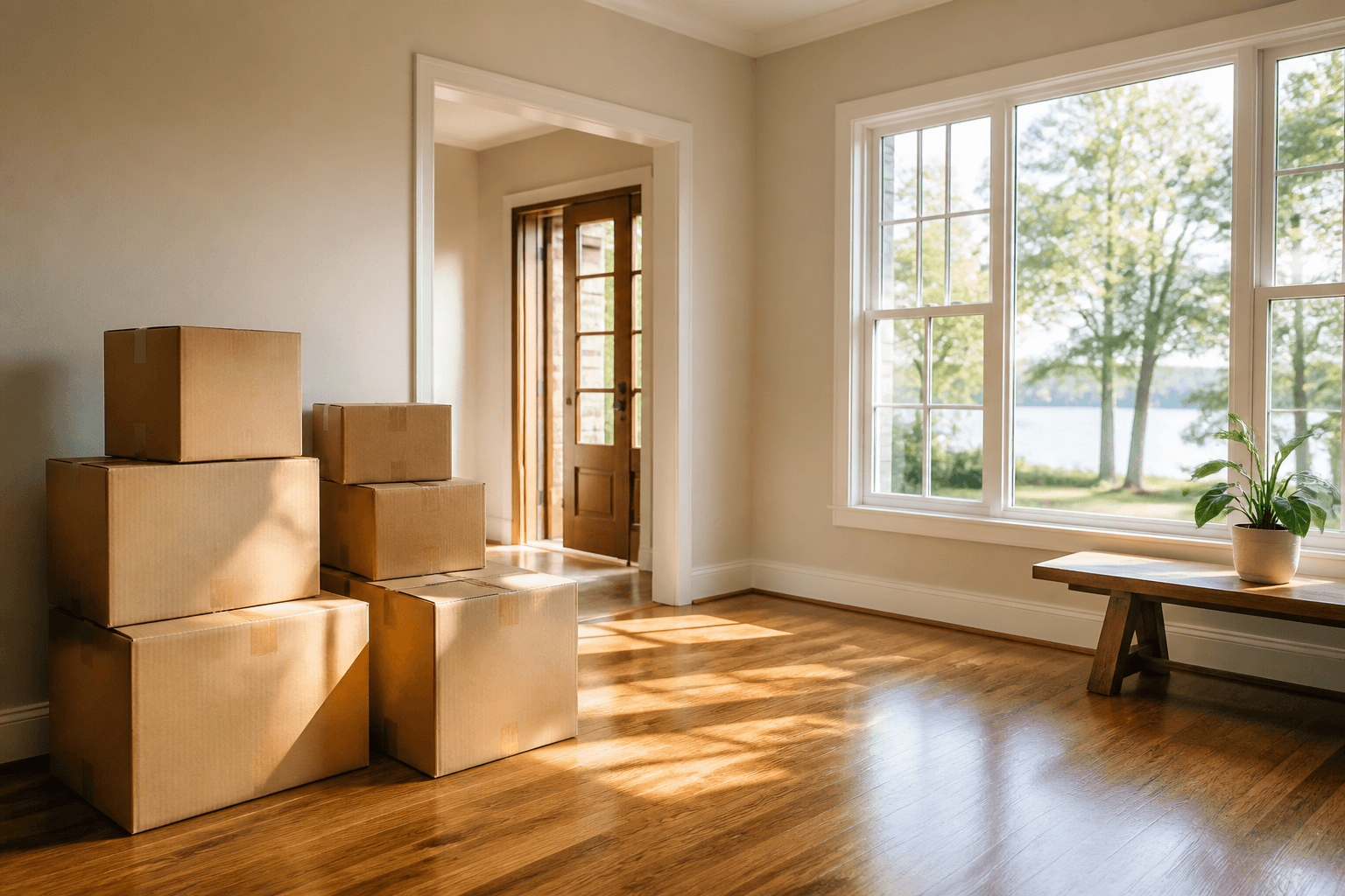 Sunlit empty living room with packed moving boxes