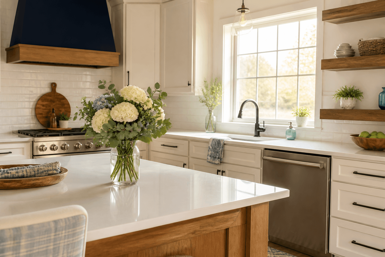 Kitchen staged for listing photos in morning light