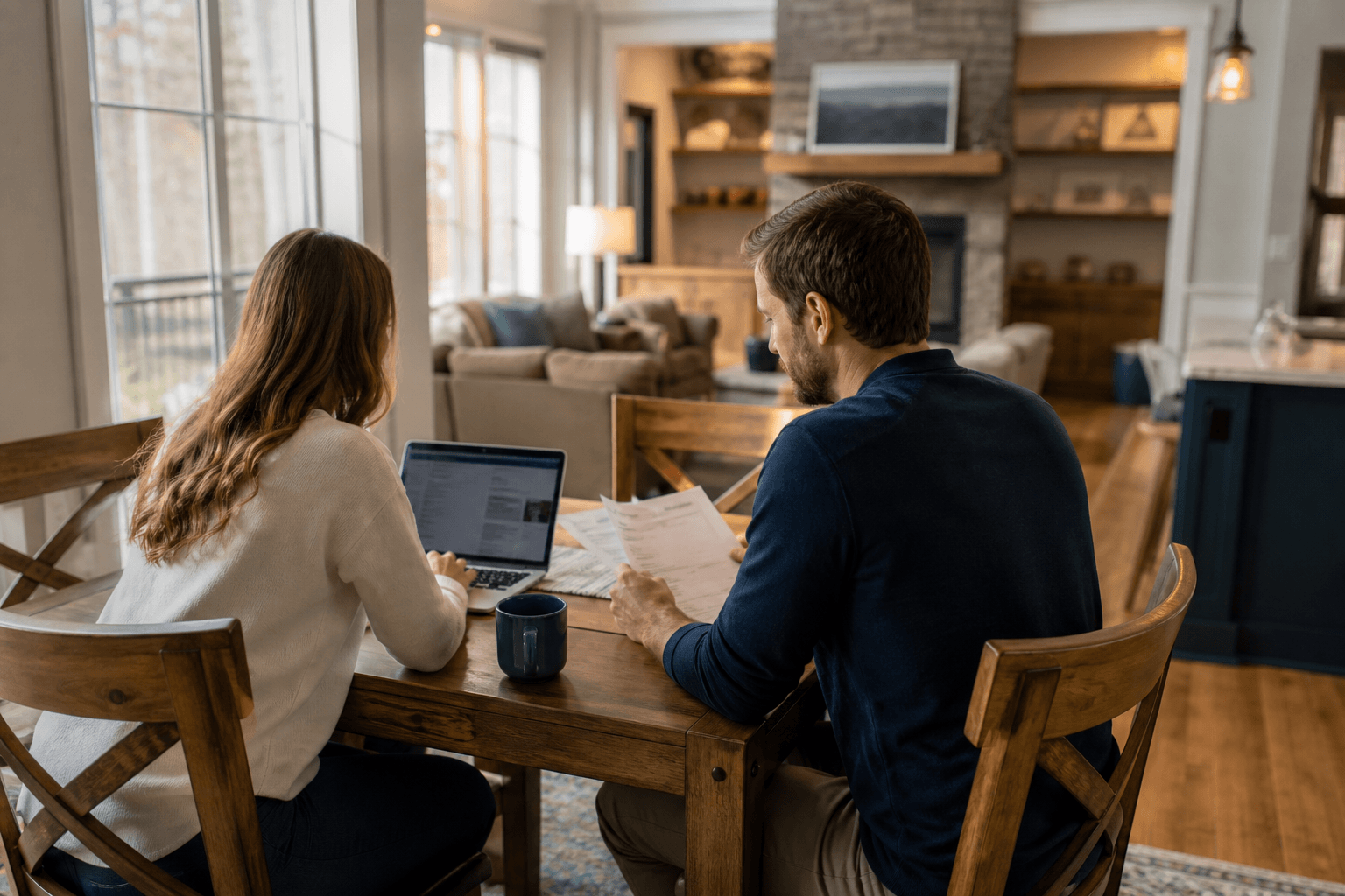 A couple reviewing paperwork and a laptop at a table