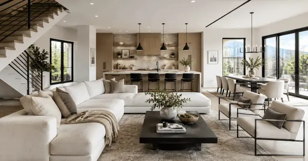 Modern luxury interior design in Eagle Idaho featuring open-concept living, designer finishes, and expansive natural light