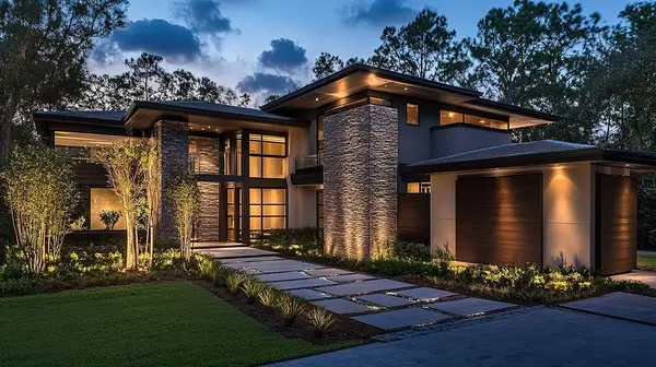 Luxury modern Idaho home at dusk with warm exterior lighting and professionally landscaped front yard