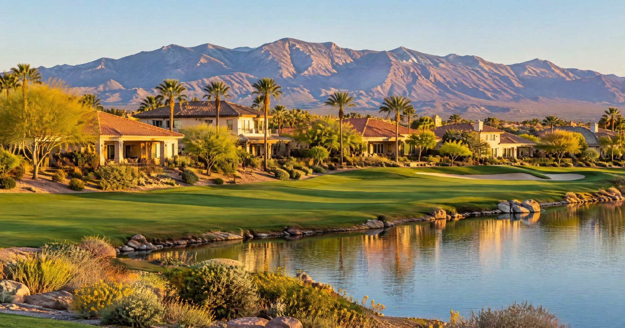 Illustration of a golf fairway and small lake lined with stucco, tile-roof homes, with mountains to the west.