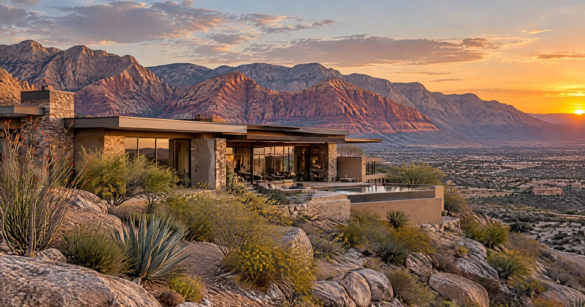 Illustration of a desert contemporary home on a rocky foothill lot, with red rock cliffs behind at sunset.